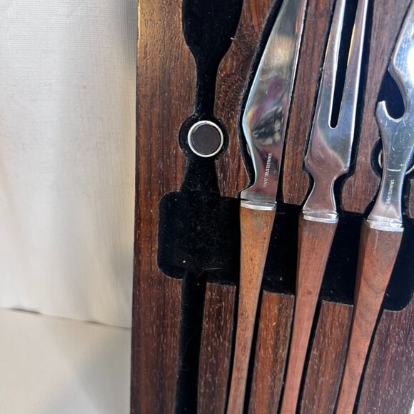 VTG 4 Piece Bar Ware Tool Set Hanging Magnetic Mid Century Modern Wood Tile - Picture 8 of 16